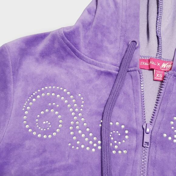 Dolls Kill x Winx Club Purple Velour Rhinestone Crop Baby Hoodie Sz XS Y2K Bling - Picture 2 of 10